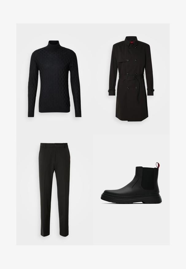Mustat trench-takit, joissa on kaksirivinen malli, suuret napit, vyötärönauha ja korkea kaulus. Sileä kangas matta pinnalla.; Musta poolkaelusvöö, millel on tekstureeritud rombivorm, valmistatud kudumaterjalist, pikaaelised varrukad ja kitsas siluett.; Mustat housut, jotka on valmistettu sileästä kankaasta, suoriin lahkeisiin, nappikiinnitykseen ja klassiseen muotoiluun, sopivat muodollisiin tai vapaa-ajan asuihin.; Musta nilkkuri, jossa on sileä pinta, elastiset sivupaneelit ja erottuva punainen vetonauha, paksu kumipohja ja pyöristetty varvas.