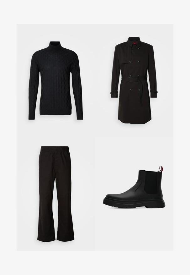 Schwarzer Trenchcoat mit einem doppelt knöpfbaren Design, großen Knöpfen, einem taillierten Gürtel und einem hohen Kragen. Glattes Material mit matter Oberfläche.; Schwarzer Rollkragenpullover mit einem strukturierten Rautenmuster, aus Strickmaterial gefertigt, mit langen Ärmeln und einer taillierten Silhouette.; Schwarze Hose mit elastischem Bund in ausgestellter Form, aus glattem Baumwollstoff gefertigt. Verfügt über ein einfaches Design und gerade Beinöffnungen.; Schwarze Knöchelstiefel mit glatter Oberfläche, elastischen Seitenpaneelen und einem kontrastierenden roten Zuglasche, ausgestattet mit einer dicken Gummisohle und einer runden Zehenpartie.