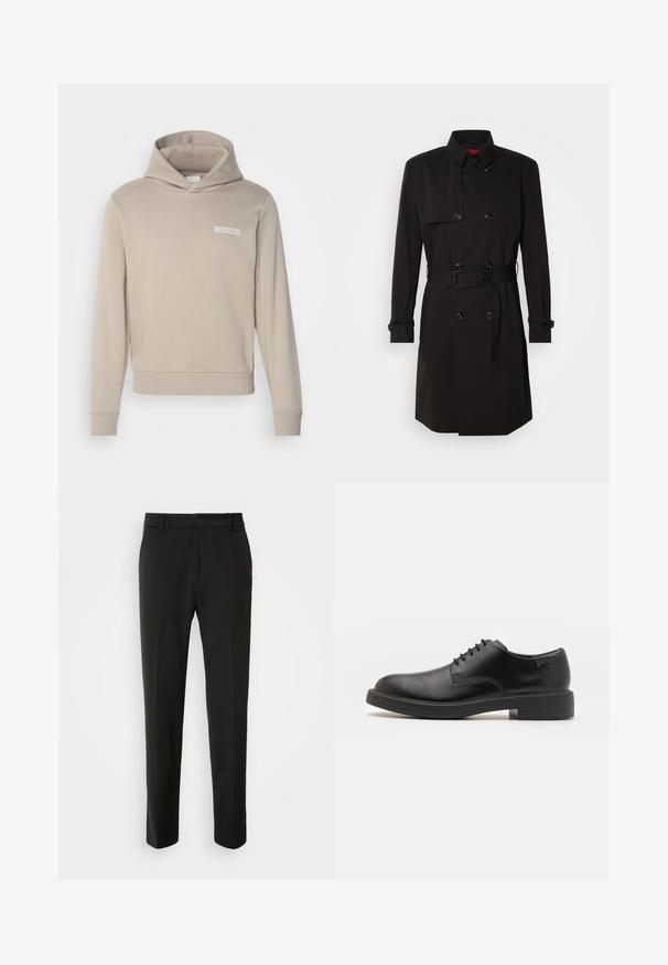 Cappotto lungo nero con design doppiopetto, grandi bottoni, vita con cintura e colletto alto. Tessuto liscio con finitura opaca.; Felpa con cappuccio beige, dal taglio relaxed fit, con tasca frontale, polsini a coste e un piccolo logo bianco applicato sul petto. Tessuto morbido in misto cotone.; Pantaloni neri realizzati in tessuto liscio, con gamba dritta, chiusura con bottone e un design classico adatto per abbigliamento formale o casual.; Scarpa nera in pelle con lacci, punta tonda, texture liscia, cuciture minime e tacco in gomma basso. Logo sul tacco.