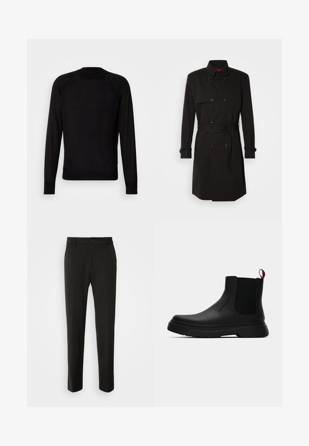 Schwarzer Trenchcoat mit einem doppelt knöpfbaren Design, großen Knöpfen, einem taillierten Gürtel und einem hohen Kragen. Glattes Material mit matter Oberfläche.; Schwarzer Pullover mit langen Ärmeln aus weichem Material, ausgestattet mit einem Rundhalsausschnitt, gerippten Bündchen und Raglanärmeln mit subtiler Struktur.; Schwarze Hose aus glattem Stoff, mit geraden Beinen, einem Knopfverschluss und einem klassischen Design, das sowohl für formelle als auch für legere Anlässe geeignet ist.; Schwarze Knöchelstiefel mit glatter Oberfläche, elastischen Seitenpaneelen und einem kontrastierenden roten Zuglasche, ausgestattet mit einer dicken Gummisohle und einer runden Zehenpartie.