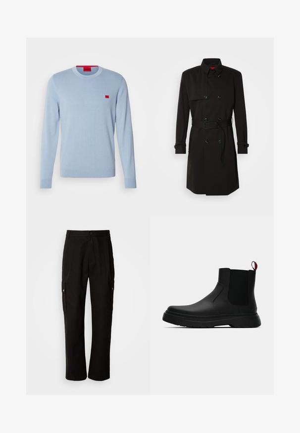 Zwarte trenchcoat met een dubbelzijdig ontwerp, grote knopen, een tailleband en een hoge kraag. Gladde stof met een matte afwerking.; Lichtblauwe trui van zachte gebreide stof, met een ronde hals en lange mouwen. Inclusief een klein rood logo op de borst.; Zwarte cargobroek van katoen met een relaxte pasvorm, voorzien van zijzakken, een knoopsluiting en rechte pijpen. Eenvoudig ontwerp zonder patronen.; Zwarte enkelboot met een gladde afwerking, elastische zijpanelen en een contrasterende rode treklus, met een dikke rubberen zool en een afgeronde teen.