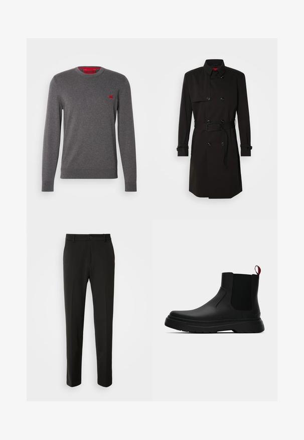 Schwarzer Trenchcoat mit einem doppelt knöpfbaren Design, großen Knöpfen, einem taillierten Gürtel und einem hohen Kragen. Glattes Material mit matter Oberfläche.; Grauer Rundhalsausschnittpullover aus weichem Stoff, mit einem kleinen roten Logo-Patch auf der Brust, gerippten Bündchen und Saum für eine enganliegende Passform.; Schwarze Hose aus glattem Stoff, mit geraden Beinen, einem Knopfverschluss und einem klassischen Design, das sowohl für formelle als auch für legere Anlässe geeignet ist.; Schwarze Knöchelstiefel mit glatter Oberfläche, elastischen Seitenpaneelen und einem kontrastierenden roten Zuglasche, ausgestattet mit einer dicken Gummisohle und einer runden Zehenpartie.