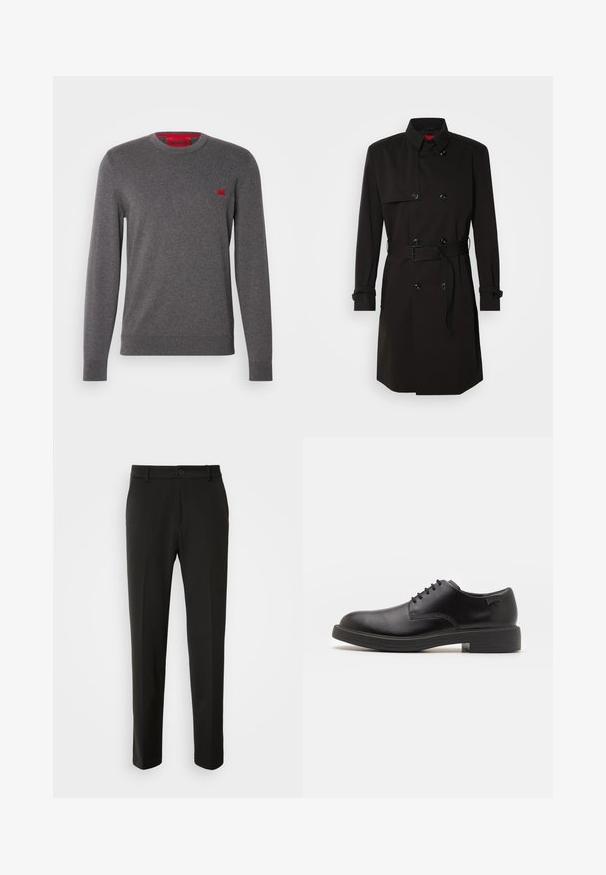 Mustade trench-takid, millel on kahekordselt nööbitud disain, suured nööbid, vööl olev rihm ja kõrge krae. Sile kangas matta viimistlusega.; Hall hallusega hall sõnumi kaelusega kampsun pehmest materjalist, millel on rinna peal väike punane logo, soonikkoes mansetid ja kehaosa, et saavutada slim-fit välimus.; Mustad püksid siledast kangast, sirgete jalgadega, nupuvõtme sulgemisega ja klassikaline disain, sobiv nii ametlikeks kui ka igapäevasteks kandmiseks.; Must beemel levalis kingad ümarate varvastega, sileda pinnaga, minimaalsete õmblustega ja madala kummist kontsaga. Logo kontsa peal.