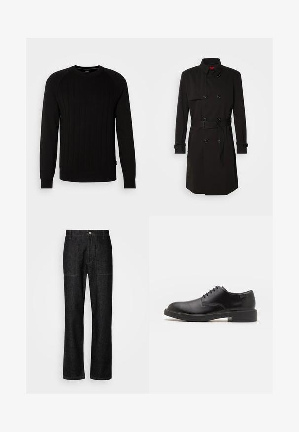 Black trench coat featuring a double-breasted design, large buttons, a belted waist, and a high collar. Smooth fabric with a matte finish.; Black knit sweater featuring vertical ribbed texture, crew neckline, and long raglan sleeves. Includes subtle logo at the hem.; Black denim pants with a straight leg, visible stitching, and a front button closure. Includes two side pockets and two back pockets.; Black leather lace-up shoe with a rounded toe, smooth texture, minimal stitching, and a low rubber heel. Logo on the heel.