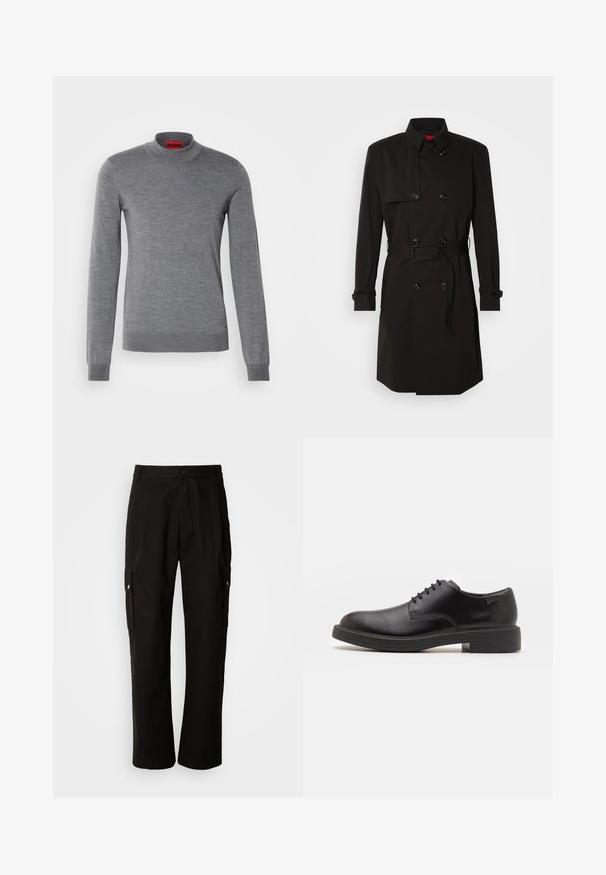 Schwarzer Trenchcoat mit einem doppelt knöpfbaren Design, großen Knöpfen, einem taillierten Gürtel und einem hohen Kragen. Glattes Material mit matter Oberfläche.; Grau gestrickter Pullover mit langen Ärmeln und hohem Kragen. Hat eine glatte Textur und einen dezenten Glanz, mit einem roten Markenetikett am Kragen.; Schwarze Cargo-Hosen aus Baumwolle mit lockerem Schnitt, seitlichen Taschen, Knopfverschluss und geradem Bein. Einfaches Design ohne Muster.; Schwarzer Leder-Schnürschuh mit abgerundetem Zeh, glatter Textur, minimaler Naht und niedrigem Gummiabsatz. Logo auf der Ferse.