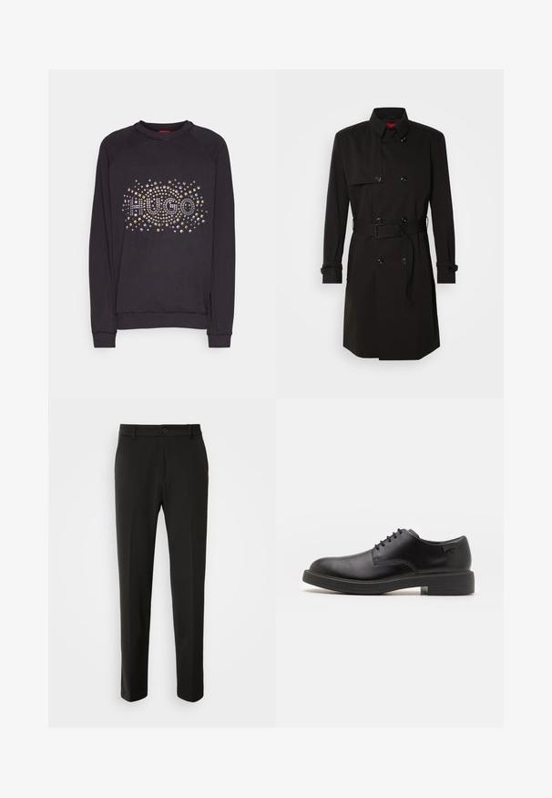 Casaco preto de trench coat com um design de duplo botão, grandes botões, cintura cingida por um cinto e colarinho alto. Tecido liso com um acabamento mate.; Sweatshirt preto com mangas longas, apresentando um design gráfico "HUGO" feito de tachas metálicas de várias cores na parte da frente.; Calças pretas feitas de tecido liso, com pernas retas, fecho com botão e um design clássico adequado para vestuário formal ou casual.; Sapatilha preta em couro, com atilhos, ponta arredondada, textura suave, costura mínima e um salto baixo em borracha. Logotipo no calcanhar.