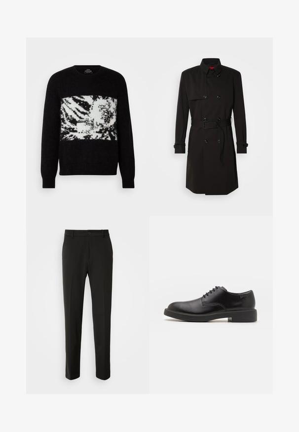 Svart trench coat med dubbelknäppt design, stora knappar, midjebälte och hög krage. Slät tyg med matt ytfinish.; Svart tröja med ett vitt, abstrakt zebramönster över bröstet. Gjord av mjukt material med ribbade muddar och rundad halsringning.; Svarta byxor tillverkade av slät tyg, med raka ben, knappstängning och en klassisk design som passar för både formell och avslappnad användning.; Svart läder snörsko med rund tå, slät yta, minimal söm och låg gummihäl. Logotyp på hälen.