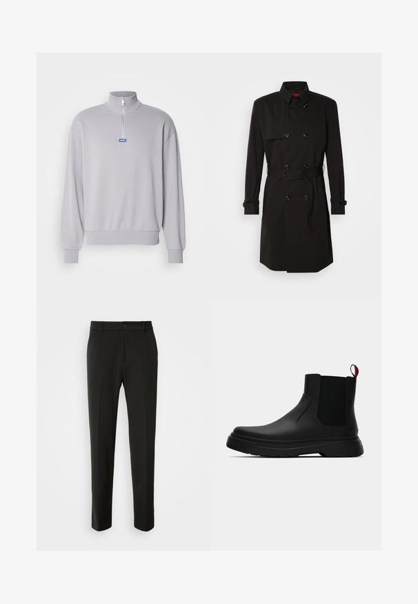 Cappotto lungo nero con design doppiopetto, grandi bottoni, vita con cintura e colletto alto. Tessuto liscio con finitura opaca.; Felpa grigia chiara con colletto a mezza zip, polsini e orlo a coste. Presenta una targhetta con logo blu sul davanti. Tessuto morbido al tatto.; Pantaloni neri realizzati in tessuto liscio, con gamba dritta, chiusura con bottone e un design classico adatto per abbigliamento formale o casual.; Stivale alla caviglia nero con finitura liscia, pannelli laterali elastici e un tab di presa rosso a contrasto, dotato di una suola in gomma spessa e punta arrotondata.