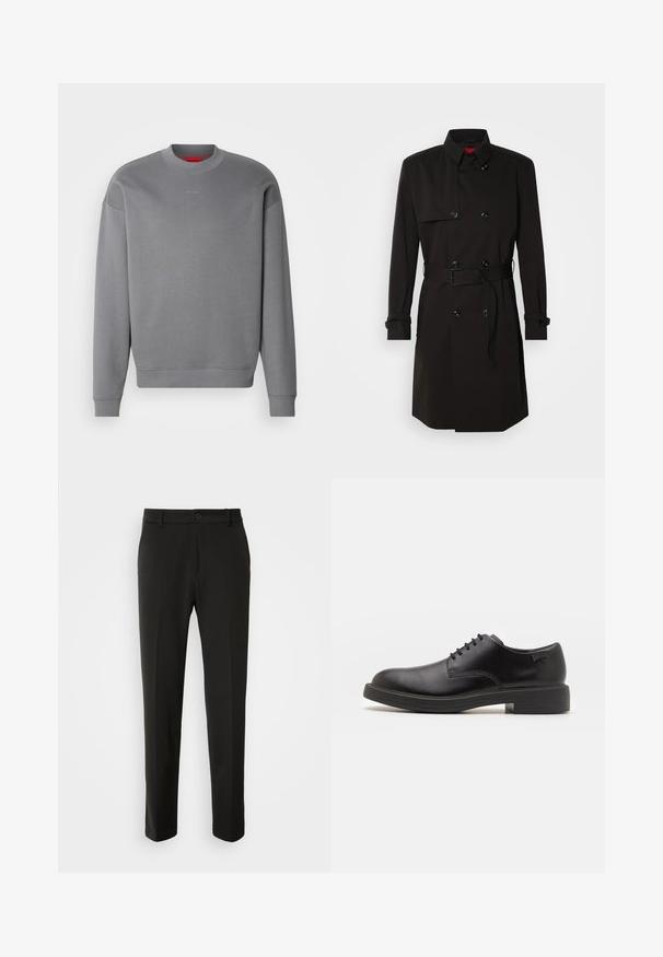 Fekete trench kabát, dupla gombos dizájnnal, nagy gombokkal, övvel ellátott derékkal és magas gallérral. Simább anyag, matt felülettel.; HUGO DAPOCREW - Melegítőfelső - open grey; Fekete nadrág sima szövetből, egyenes lábakkal, gombos záródással és klasszikus designnal, amely alkalmas formális vagy hétköznapi viseletre.; Fekete bőrcipő, kerek orrú, sima felületű, minimális varrással és alacsony gumitalppal. Logó a sarokrészen.