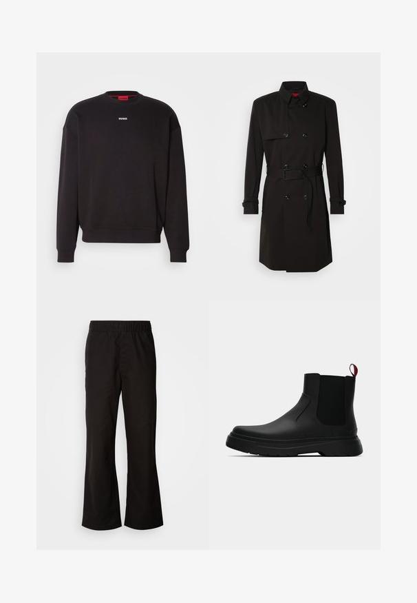 Abrigo negro de trench con diseño de doble botonadura, grandes botones, cintura con cinturón y cuello alto. Tejido suave con un acabado mate.; Sudadera negra de mezcla de algodón, con cuello redondo, hombros caídos y un pequeño logotipo blanco "HUGO" en el pecho.; Pantalones con cintura elástica negra y forma acampanada, confeccionados en suave tela de algodón. Presentan un diseño sencillo y aberturas de pierna rectas.; Botín negro con un acabado liso, paneles laterales elásticos y una lengüeta de tirón roja contrastante, que presenta una suela de goma gruesa y punta redondeada.