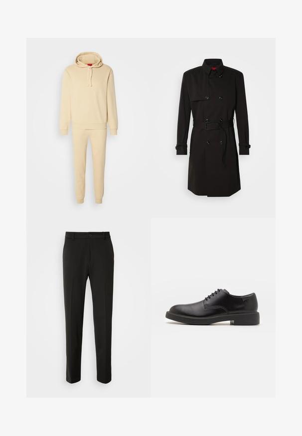 Černý trenčkot s dvouvrstvým designem, velkými knoflíky, páskem v pase a vysokým límcem. Hladká tkanina s matným povrchem.; Krémová mikina s kapucí a šňůrkou, klokaní kapsa; odpovídající zúžené teplákové kalhoty. Měkká látka, žebrované manžety a lem.; Černé kalhoty vyrobené z hladkého materiálu, s rovnými nohavicemi, zapínáním na knoflík a klasickým designem vhodným pro formální i neformální nošení.; Černé kožené šněrovací boty s kulatou špičkou, hladkým povrchem, minimálním prošíváním a nízkým gumovým podpatkem. Logo na patě.