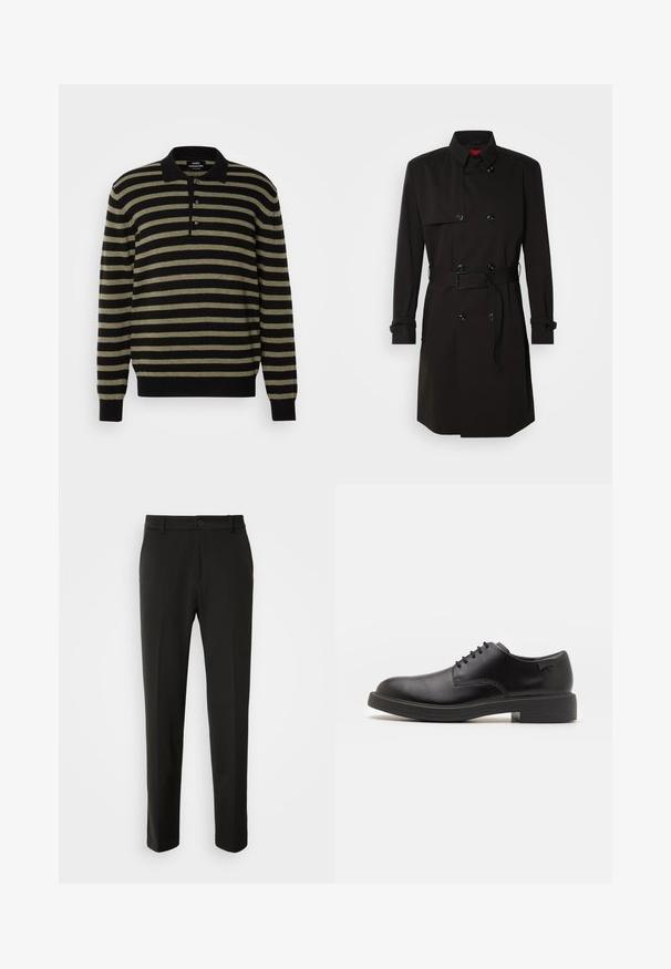 Mustat trench-takit, joissa on kaksirivinen malli, suuret napit, vyötärönauha ja korkea kaulus. Sileä kangas matta pinnalla.; Mustassa ja oliivinvihreässä raidallisessa villapaidassa on polo-kaulus, kolmonen napitukseen ja ribbaantuneet hihansuut ja helma. Pehmeä kangas tekstuuri.; Mustat housut, jotka on valmistettu sileästä kankaasta, suoriin lahkeisiin, nappikiinnitykseen ja klassiseen muotoiluun, sopivat muodollisiin tai vapaa-ajan asuihin.; Mustat nahkasaappaat, joissa on pyöreä kärki, sileä pinta, minimaalinen ommel ja matala kumipohja. Logo kannassa.