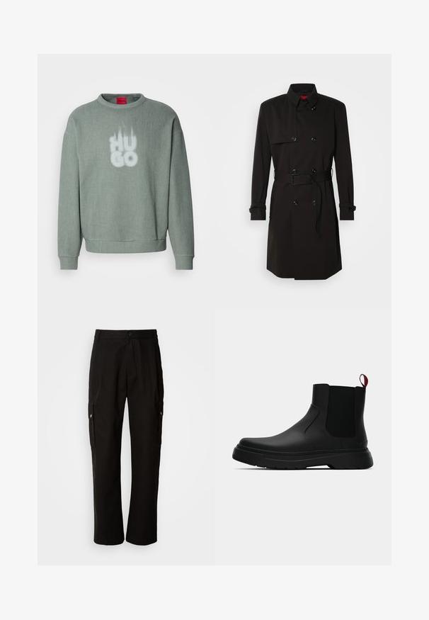 Μαύρο παλτό με διπλό κούμπωμα, μεγάλα κουμπιά, ζωνάκι στη μέση και ψηλό γιακά. Λείο ύφασμα με ματ φινίρισμα.; Ανοιχτό πράσινο ριμπ σακάκι με στρογγυλή λαιμόκοψη και έναν διακριτικό σχεδιασμό της λέξης "HUGO" σε λευκό μπροστά.; Μαύρο cargo παντελόνι από βαμβάκι με χαλαρή εφαρμογή, διαθέτει πλαϊνές τσέπες, κλείσιμο με κουμπί και ίσια πόδια. Απλό σχέδιο χωρίς μοτίβα.; Μαύρη αστράγαλη μποτάκι με λείο φινίρισμα, ελαστικές πλευρικές πάνελ και εναν αντίθετο κόκκινο χερούλι, με παχιά καουτσούκ σόλα και στρογγυλή μύτη.