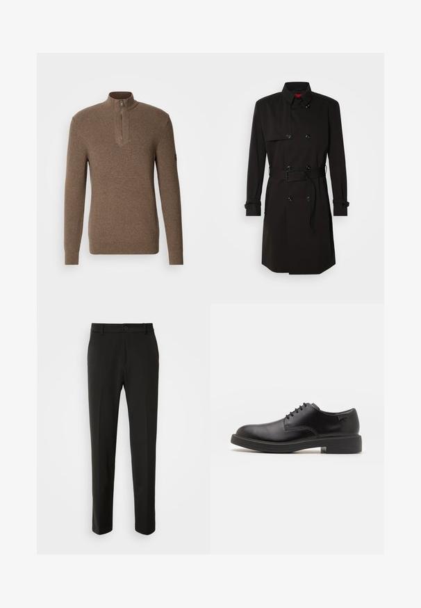Fekete trench kabát, dupla gombos dizájnnal, nagy gombokkal, övvel ellátott derékkal és magas gallérral. Simább anyag, matt felülettel.; Barna bordázott pulóver fél cipzárral és hosszú ujjal. Az anyag lágy tapintású, textúrált felülettel és finom színváltozatokkal rendelkezik.; Fekete nadrág sima szövetből, egyenes lábakkal, gombos záródással és klasszikus designnal, amely alkalmas formális vagy hétköznapi viseletre.; Fekete bőrcipő, kerek orrú, sima felületű, minimális varrással és alacsony gumitalppal. Logó a sarokrészen.