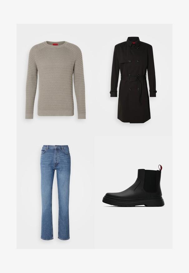 Melns tranšejas mētelis ar dubulto pogu dizainu, lielām pogām, jostu viduklī un augstu apkakli. Gluda auduma ar matētu apdari.; Pelēks adīts džemperis ar teksturētu rakstu, garām piedurknēm un ribotu apakšdaļu. Iespējas ietver apaļu kakla izmēru un smalku tonālo šuvumu.; Zilā denima bikses ar augstu jostasvietu, taisnas kājas dizainu un vieglu nolietojumu. Satur klasisku piecu kabatu stilu un ar rāvējslēdzēju aizdari.; Melnas potītes ar gludu apdari, elastīgiem sānu paneļiem un kontrastējošu sarkano cilpu, aprīkotas ar biezu gumijas zoli un noapaļotu purngalu.