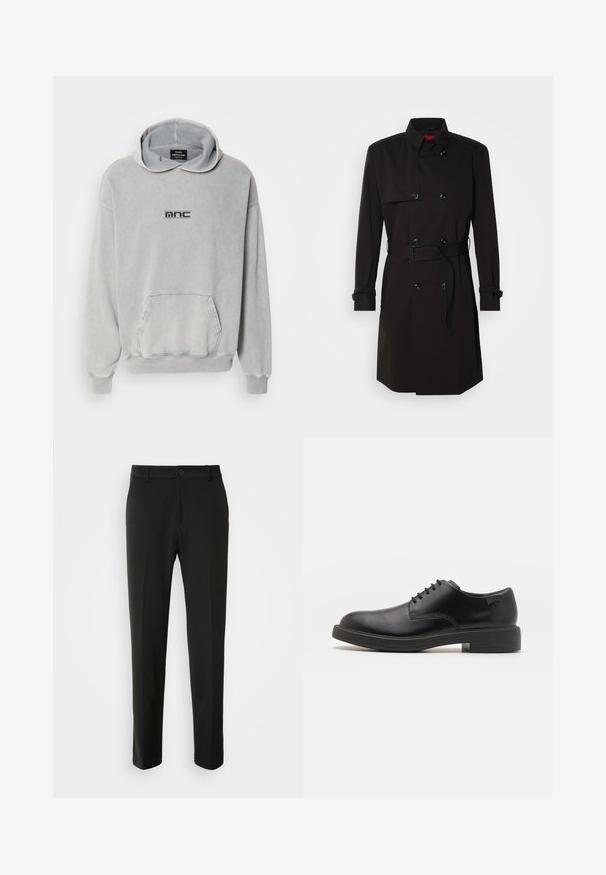 Fekete trench kabát, dupla gombos dizájnnal, nagy gombokkal, övvel ellátott derékkal és magas gallérral. Simább anyag, matt felülettel.; Világosszürke kapucnis pulóver, elülső zsebbel, bordázott mandzsettával és szegéllyel; a mellkason fekete nyomott "mnc" logó található. Pamut anyag.; Fekete nadrág sima szövetből, egyenes lábakkal, gombos záródással és klasszikus designnal, amely alkalmas formális vagy hétköznapi viseletre.; Fekete bőrcipő, kerek orrú, sima felületű, minimális varrással és alacsony gumitalppal. Logó a sarokrészen.