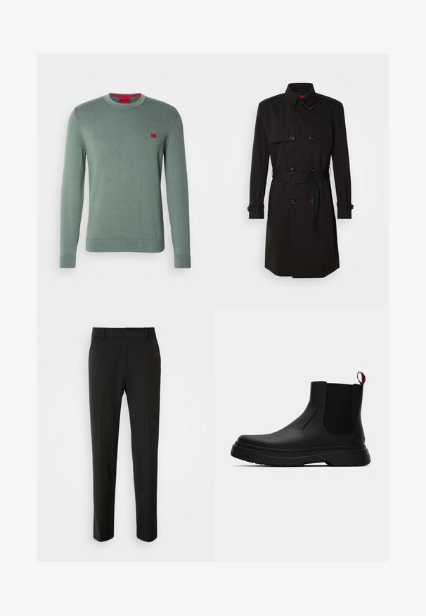 Manteau noir en trench avec un design croisé, de grands boutons, une taille ceinturée et un col montant. Tissu lisse avec une finition mate.; Pull en tricot vert à manches longues, col rond et poignets côtelés. Présente un petit logo rouge sur la poitrine. Texture lisse, design minimal.; Pantalon noir en tissu lisse, avec des jambes droites, une fermeture à bouton et un design classique adapté à un usage formel ou décontracté.; Bottines noires avec une finition lisse, des panneaux latéraux élastiques et une languette rouge contrastante, présentant une semelle en caoutchouc épaisse et un bout arrondi.