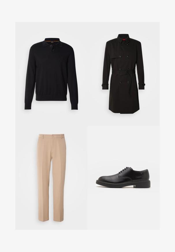 Black trench coat featuring a double-breasted design, large buttons, a belted waist, and a high collar. Smooth fabric with a matte finish.; Black long-sleeve polo with a collared neck, featuring two buttons, ribbed cuffs, and a subtle logo on the chest. Soft, knit texture.; Beige trousers made from smooth fabric, featuring a straight-leg design, a front button closure, and subtle crease details along the front.; Black leather lace-up shoe with a rounded toe, smooth texture, minimal stitching, and a low rubber heel. Logo on the heel.