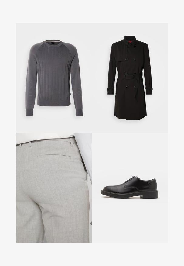 Schwarzer Trenchcoat mit einem doppelt knöpfbaren Design, großen Knöpfen, einem taillierten Gürtel und einem hohen Kragen. Glattes Material mit matter Oberfläche.; Grauer gestrickter Pullover mit vertikaler Rippstruktur, Rundhalsausschnitt und langen Raglanärmeln. Markenlabel am Saum sichtbar.; Hellgraue, maßgeschneiderte Hose aus strukturiertem Stoff, mit einer einzelnen Gesäßtasche und sauberer Nahtführung.; Schwarzer Leder-Schnürschuh mit abgerundetem Zeh, glatter Textur, minimaler Naht und niedrigem Gummiabsatz. Logo auf der Ferse.
