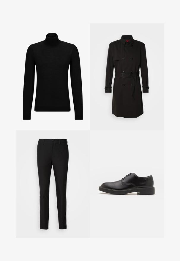 Črni plašč s dvojno zadrgo, velikimi gumbi, pasom in visokim ovratnikom. Gladek material z mat površino.; Črna turtleneck pulover iz mehkega materiala, z dolgimi rokavi in tesnim prileganjem. R ibana obroba na robu in rokavih. Preprosta zasnova.; Črne hlače s slim fit krojem, ki imajo gumb za zapiranje, zadrgo in dva sprednja žepa. Gladka tkanina z mat površino.; Črne usnjene čipkaste čevlje z zaobljenim nosom, gladko teksturo, minimalnim šitjem in nizkim gumijastim peto. Logo na peti.