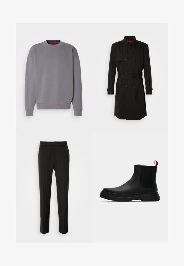 Čierny trenčkot s dvojradovým dizajnom, veľkými gombíkmi, opaskom v páse a vysokým golierom. Hladká tkanina s matným povrchom.; Sivý sveter s okrúhlym výstrihom, rebrovanými manžetami a lemom; obsahuje jemne vyšívané logo na hrudi. Mäkko, textúrovaná tkanina.; Čierne nohavice vyrobené z hladkej tkaniny, s rovnými nohami, zapínaním na gombík a klasickým dizajnom vhodným pre formálne aj neformálne nosenie.; Čierne členkové topánky s hladkým povrchom, elastickými bočnými panelmi a kontrastným červeným poutkom, vybavené hrubou gumovou podrážkou a zaoblenou špičkou.