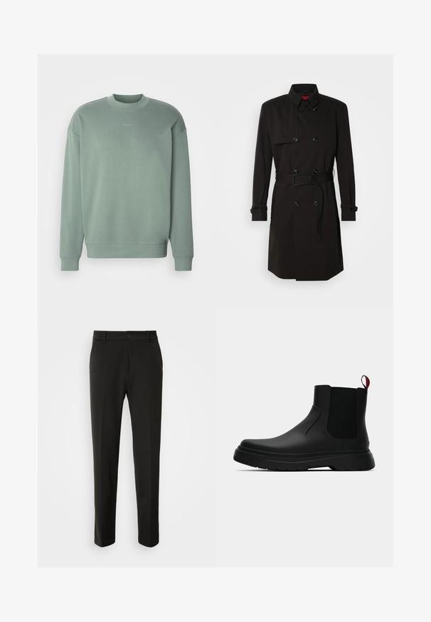 Černý trenčkot s dvouvrstvým designem, velkými knoflíky, páskem v pase a vysokým límcem. Hladká tkanina s matným povrchem.; Světle zelená mikina s kulatým výstřihem, spadlými rameny, žebrovanými manžetami a decentním logem "HUGO" umístěným na hrudi. Měkká textura.; Černé kalhoty vyrobené z hladkého materiálu, s rovnými nohavicemi, zapínáním na knoflík a klasickým designem vhodným pro formální i neformální nošení.; Černé kotníkové boty s hladkým povrchem, elastickými bočními panely a kontrastním červeným poutkem, s tlustou gumovou podrážkou a zaoblenou špičkou.