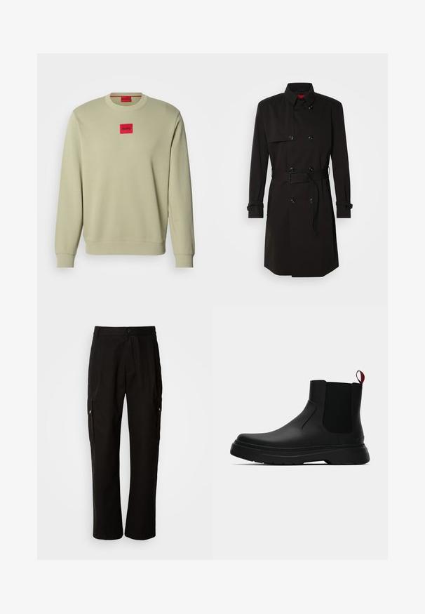 Czarny płaszcz typu trench z podwójnym zapięciem, dużymi guzikami, paskiem w talii oraz wysokim kołnierzem. Gładki materiał o matowym wykończeniu.; Jasnozielony sweter z okrągłym dekoltem, ściągaczami na rękawach i małym, czerwonym, haftowanym logo w kształcie prostokąta na klatce piersiowej. Miękka faktura materiału.; Czarne spodnie cargo wykonane z bawełny, o luźnym kroju, z bocznymi kieszeniami, z zapięciem na guzik i prostymi nogawkami. Prosty design bez wzorów.; Czarny botek za kostkę o gładkim wykończeniu, z elastycznymi bocznymi panelami i kontrastującą czerwoną pętelką, z grubą gumową podeszwą i zaokrąglonym noskiem.