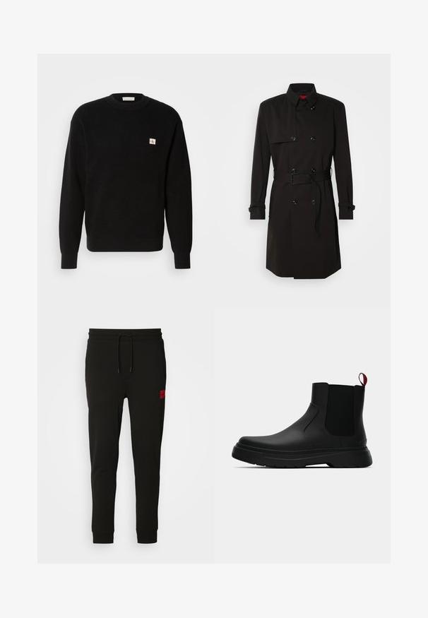 Schwarzer Trenchcoat mit einem doppelt knöpfbaren Design, großen Knöpfen, einem taillierten Gürtel und einem hohen Kragen. Glattes Material mit matter Oberfläche.; Schwarzer gestrickter Pullover mit geripptem Muster, Rundhalsausschnitt und einem kleinen weißen und roten Logopatch auf der linken Brust. Klassische Passform mit langen Ärmeln.; Schwarze Sweatpants aus weichem Stoff, mit einem Kordelzugbund, schmaler Passform und einem rotenLOGO-Patch am linken Oberschenkel.; Schwarze Knöchelstiefel mit glatter Oberfläche, elastischen Seitenpaneelen und einem kontrastierenden roten Zuglasche, ausgestattet mit einer dicken Gummisohle und einer runden Zehenpartie.