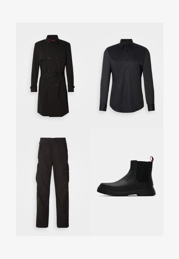 Fekete trench kabát, dupla gombos dizájnnal, nagy gombokkal, övvel ellátott derékkal és magas gallérral. Simább anyag, matt felülettel.; Fekete ing, sima anyagból készült, klasszikus gallérral, hosszú ujjal és gombos záródással az elején.; Fekete cargo nadrág egyenes fazonnal, elasztikus derékpánttal, több oldalsó zsebbel és strapabíró textúrájú anyaggal.; Fekete bokacipő sima felülettel, ruganyos oldalsó panelek és kontrasztos piros húzópánt jellemzi, vastag gumitalppal és lekerekített orral.