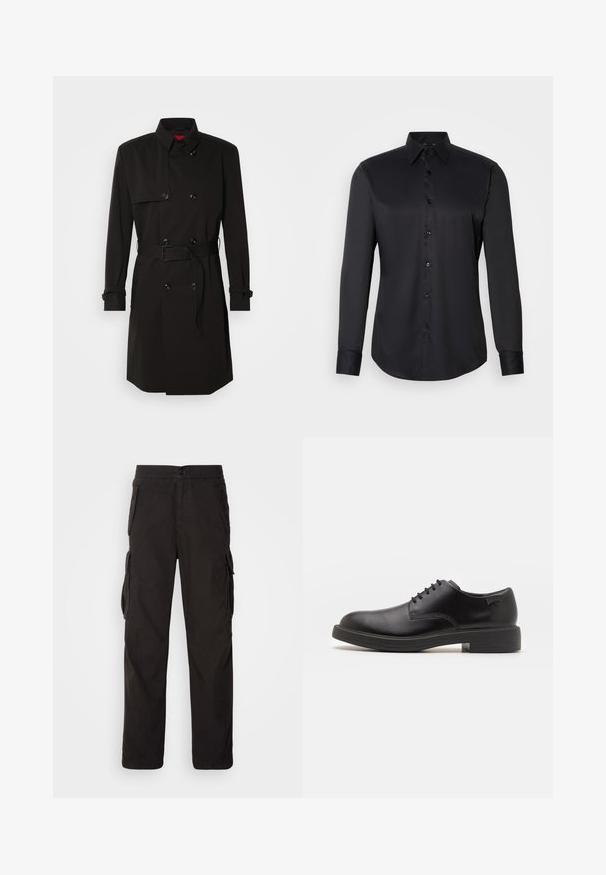 Fekete trench kabát, dupla gombos dizájnnal, nagy gombokkal, övvel ellátott derékkal és magas gallérral. Simább anyag, matt felülettel.; Fekete ing, sima anyagból készült, klasszikus gallérral, hosszú ujjal és gombos záródással az elején.; Fekete cargo nadrág egyenes fazonnal, elasztikus derékpánttal, több oldalsó zsebbel és strapabíró textúrájú anyaggal.; Fekete bőrcipő, kerek orrú, sima felületű, minimális varrással és alacsony gumitalppal. Logó a sarokrészen.