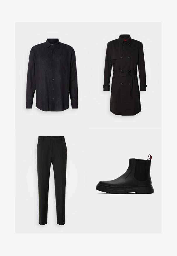 Czarny płaszcz typu trench z podwójnym zapięciem, dużymi guzikami, paskiem w talii oraz wysokim kołnierzem. Gładki materiał o matowym wykończeniu.; Granatowa koszula z długim rękawem i kołnierzykiem zapinanym na guziki, z poziomymi paskami, kieszenią z przodu i gładką teksturą.; Czarne spodnie z gładkiego materiału, z prostymi nogawkami, z zapięciem na guzik i klasycznym wzornictwem, odpowiednie zarówno na formalne, jak i codzienne okazje.; Czarny botek za kostkę o gładkim wykończeniu, z elastycznymi bocznymi panelami i kontrastującą czerwoną pętelką, z grubą gumową podeszwą i zaokrąglonym noskiem.