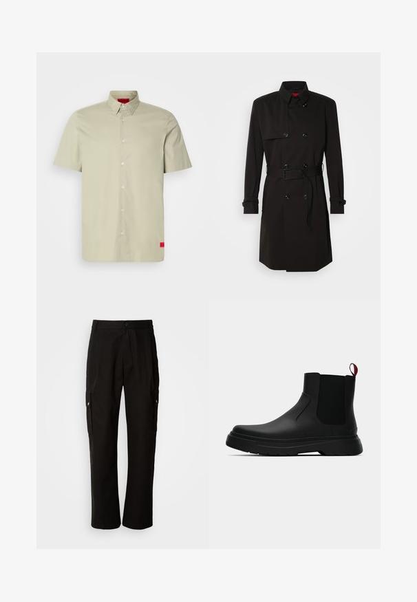 Melns tranšejas mētelis ar dubulto pogu dizainu, lielām pogām, jostu viduklī un augstu apkakli. Gluda auduma ar matētu apdari.; Gai bēšas īsām piedurknēm krekls ar pogām ap kaklu, priekšējo pogu stīgu un sarkanu logotipa birku apakšmalā. Gluda kokvilnas audums.; Melnas kokvilnas kravas bikses ar brīvu piegriezumu, ar sānu kabatām, pogu aizdari un taisnām kājām. Vienkāršs dizains bez rakstiem.; Melnas potītes ar gludu apdari, elastīgiem sānu paneļiem un kontrastējošu sarkano cilpu, aprīkotas ar biezu gumijas zoli un noapaļotu purngalu.