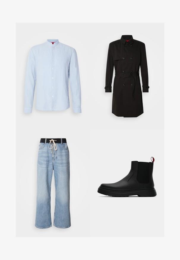 Mustade trench-takid, millel on kahekordselt nööbitud disain, suured nööbid, vööl olev rihm ja kõrge krae. Sile kangas matta viimistlusega.; Hele sinine pikade varrukatega särk, millel on seisev krae, valmistatud tekstuurse kangaga, ees nupuga kinnitamine ja nööbitavad mansjetid.; Heledad sinised laiad püksid musta elastse vöökoha ja nööri sulgemisega, klassikalise viie taskuga disain.; Mustad musta värvi ankle boot, millel on sile viimistlus, elastsed külgpaneelid ja kontrastne punane tõmbetaba. Saapadel on paks kummist tald ja ümar varvas.