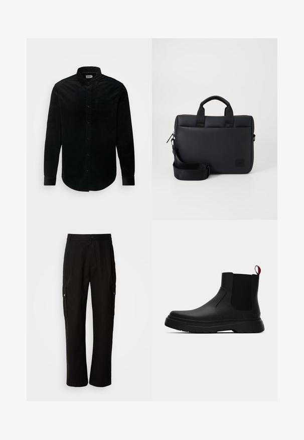 Fekete trench kabát, dupla gombos dizájnnal, nagy gombokkal, övvel ellátott derékkal és magas gallérral. Simább anyag, matt felülettel.; Fekete kordbársony ing hosszú ujjal, gombos elülső rész, lehajtható gallér, egyetlen mellzseb és ívelt szegély. Texturált anyag.; Fekete vászont nadrág laza szabással, oldalsó zsebekkel, gombos záródással és egyenes lábakkal. Egyszerű minta nélküli design.; Fekete bokacipő sima felülettel, ruganyos oldalsó panelek és kontrasztos piros húzópánt jellemzi, vastag gumitalppal és lekerekített orral.; Fekete textúrájú laptop táska dupla felső fogantyúkkal, levehető pánttal, cipzáras záródással és egy kis logóval a márkázáshoz.