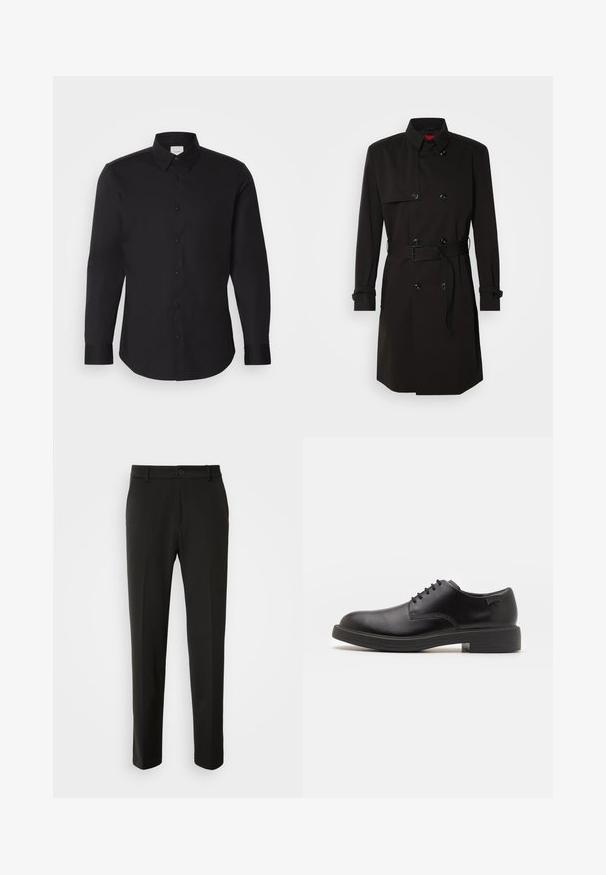 Czarny płaszcz typu trench z podwójnym zapięciem, dużymi guzikami, paskiem w talii oraz wysokim kołnierzem. Gładki materiał o matowym wykończeniu.; Czarna koszula z długim rękawem, wykonana z gładkiego materiału, z kołnierzykiem w kształcie punktu, zapinana na guziki z przodu i z delikatnym logo na piersi.; Czarne spodnie z gładkiego materiału, z prostymi nogawkami, z zapięciem na guzik i klasycznym wzornictwem, odpowiednie zarówno na formalne, jak i codzienne okazje.; Czarny skórzany but za kostkę z okrągłym noskiem, gładką fakturą, minimalnym przeszyciem i niskim gumowym obcasem. Logo na pięcie.
