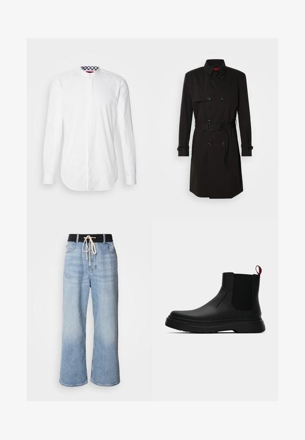 Črni plašč s dvojno zadrgo, velikimi gumbi, pasom in visokim ovratnikom. Gladek material z mat površino.; Bela dolgo rukava srajca z visokim ovratnikom, ki ima vzorčen temno moder in bel notranji ovratnik. Gladka tekstura in klasičen kroj.; Svetlo modri široki džins hlače z črnimi elastičnimi pasom, z zapiranjem na vrvico in klasičnim petim žepnim dizajnom.; Črne gležnjarje z gladkim zaključkom, elastičnimi stranskimi paneli in kontrastnim rdečim izvlečnim trakom, ki vključujejo debel gumijast podplat in zaobljen nos.