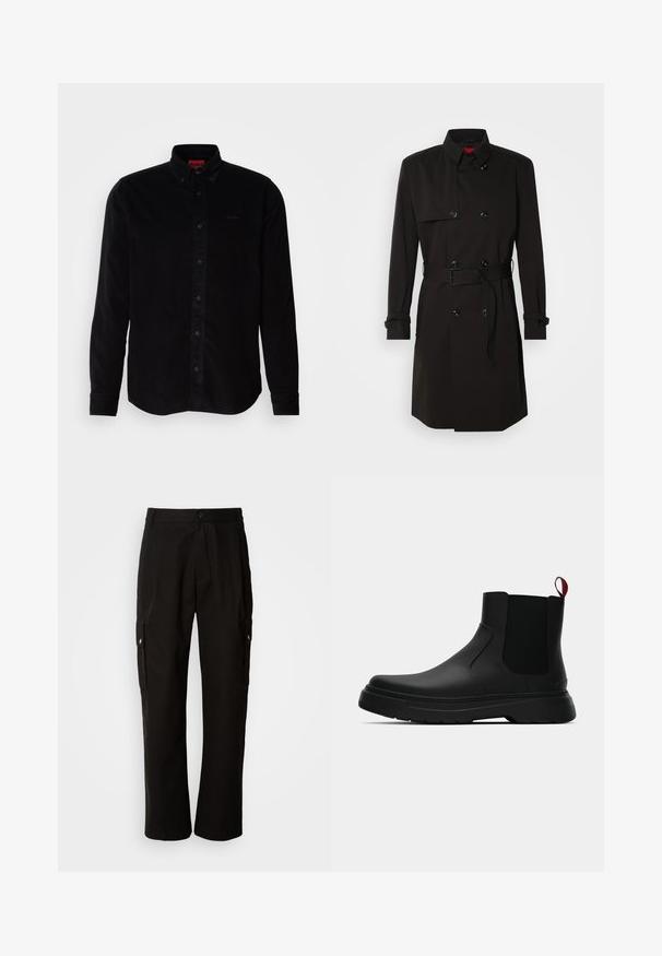 Palton negru cu un design cu dublu rând, butoane mari, talie cu curea și guler înalt. Material neted cu o finisare mată.; Cămașă din corduroy negru cu mâneci lungi, guler cu nasturi și un logo subtil brodat pe piept. Croială clasică cu o suprafață texturată.; Pantaloni cargo negri din bumbac, cu o croială lejeră, având buzunare laterale, închidere cu nasture și picioare drepte. Design simplu, fără modele.; Botine negre până la gleznă, cu un finisaj neted, panouri laterale elastice și un tab de prindere roșu contrastant, având o talpă groasă din cauciuc și vârf rotunjit.
