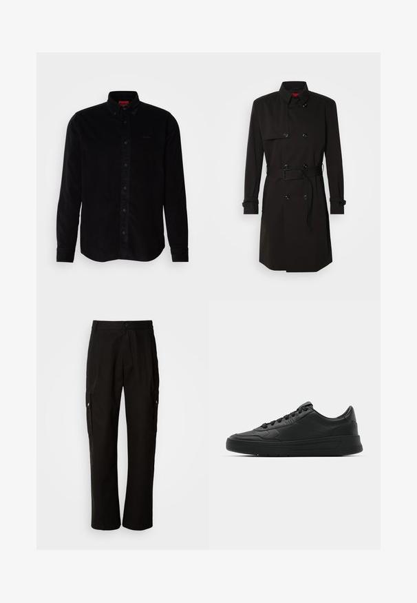 Μαύρο παλτό με διπλό κούμπωμα, μεγάλα κουμπιά, ζωνάκι στη μέση και ψηλό γιακά. Λείο ύφασμα με ματ φινίρισμα.; Μαύρο πουκάμισο από χοντρή βελούδα με μακριά μανίκια, κολάρο με κουμπιά και διακριτό λογότυπο κεντημένο στο στήθος. Κλασική εφαρμογή με υφασμάτινη υφή.; Μαύρο cargo παντελόνι από βαμβάκι με χαλαρή εφαρμογή, διαθέτει πλαϊνές τσέπες, κλείσιμο με κουμπί και ίσια πόδια. Απλό σχέδιο χωρίς μοτίβα.; Μαύρο αθλητικό παπούτσι με λείο δέρμα, στρογγυλή μύτη, επίπεδα κορδόνια, μαξιλαρωμένο κολάρο και μινιμαλιστικό σχέδιο. Καουτσούκ σόλα με ήπιο μοτίβο πρόσφυσης.