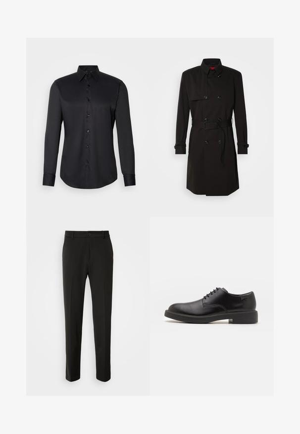 Čierny trenčkot s dvojradovým dizajnom, veľkými gombíkmi, opaskom v páse a vysokým golierom. Hladká tkanina s matným povrchom.; Čierna košeľa s tlačidlami zo hladkej tkaniny, s klasickým golierom, dlhými rukávmi a zapínaním na gombíky vpredu.; Čierne nohavice vyrobené z hladkej tkaniny, s rovnými nohami, zapínaním na gombík a klasickým dizajnom vhodným pre formálne aj neformálne nosenie.; Čierne kožené šnurovacie topánky s okrúhlou špičkou, hladkým povrchom, minimálnym prešívaním a nízkym gumovým podpätkom. Logo na podpätku.