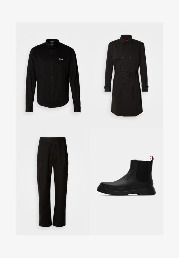 Zwarte trenchcoat met een dubbelzijdig ontwerp, grote knopen, een tailleband en een hoge kraag. Gladde stof met een matte afwerking.; Zwarte longsleeve shirt met een button-down kraag, gemaakt van zachte stof, met een wit geborduurd logo op de linkerborst.; Zwarte cargobroek van katoen met een relaxte pasvorm, voorzien van zijzakken, een knoopsluiting en rechte pijpen. Eenvoudig ontwerp zonder patronen.; Zwarte enkelboot met een gladde afwerking, elastische zijpanelen en een contrasterende rode treklus, met een dikke rubberen zool en een afgeronde teen.