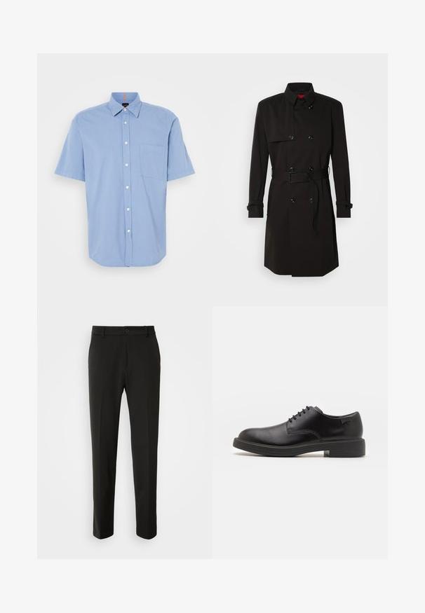 Cappotto lungo nero con design doppiopetto, grandi bottoni, vita con cintura e colletto alto. Tessuto liscio con finitura opaca.; Camicetta abbottonata a maniche corte di colore azzurro chiaro, realizzata in tessuto leggero, con taschino sul petto e colletto classico con bottoni bianchi.; Pantaloni neri realizzati in tessuto liscio, con gamba dritta, chiusura con bottone e un design classico adatto per abbigliamento formale o casual.; Scarpa nera in pelle con lacci, punta tonda, texture liscia, cuciture minime e tacco in gomma basso. Logo sul tacco.