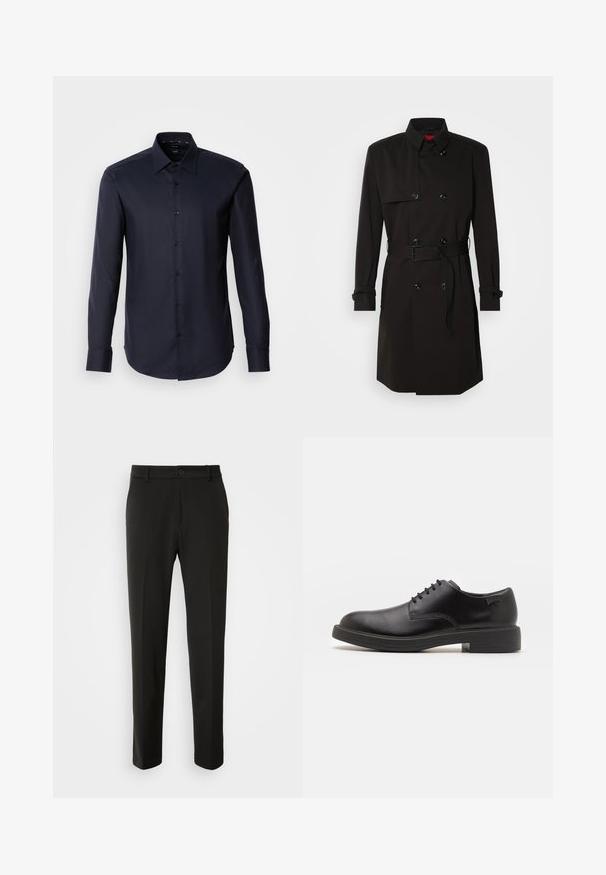 Čierny trenčkot s dvojradovým dizajnom, veľkými gombíkmi, opaskom v páse a vysokým golierom. Hladká tkanina s matným povrchom.; Tmavomodrá košeľa s dlhými rukávmi a gombíkmi, vyrobená z hladkej látky. Má špicatý golier a manžety na jeden gombík. Minimalistický dizajn bez vzorov.; Čierne nohavice vyrobené z hladkej tkaniny, s rovnými nohami, zapínaním na gombík a klasickým dizajnom vhodným pre formálne aj neformálne nosenie.; Čierne kožené šnurovacie topánky s okrúhlou špičkou, hladkým povrchom, minimálnym prešívaním a nízkym gumovým podpätkom. Logo na podpätku.