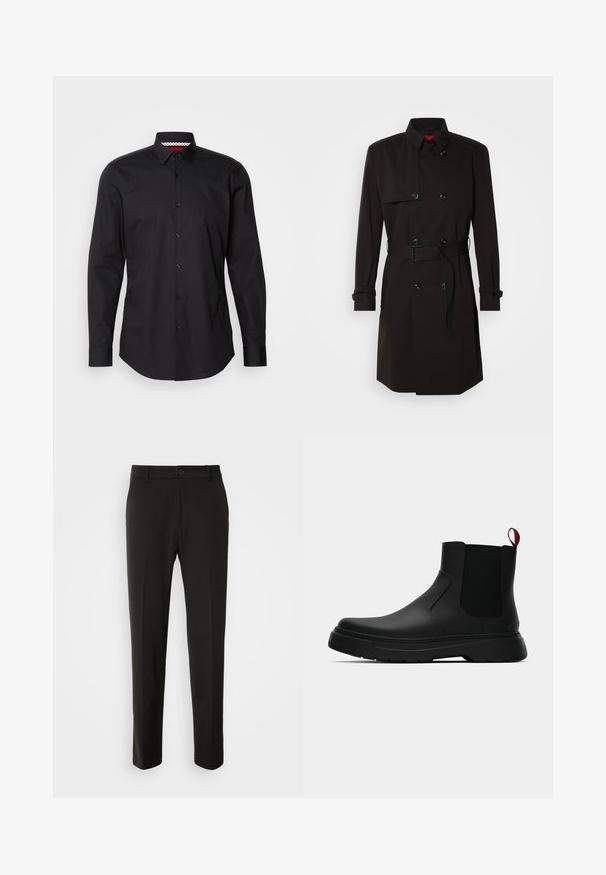 Mustade trench-takid, millel on kahekordselt nööbitud disain, suured nööbid, vööl olev rihm ja kõrge krae. Sile kangas matta viimistlusega.; Must svarte nööbiga särk pikemate varrukatega, klassikaline kaelus ja nähtav nööpide rida. Kaeluse sees on punase ja valge mustriga detail.; Mustad püksid siledast kangast, sirgete jalgadega, nupuvõtme sulgemisega ja klassikaline disain, sobiv nii ametlikeks kui ka igapäevasteks kandmiseks.; Mustad musta värvi ankle boot, millel on sile viimistlus, elastsed külgpaneelid ja kontrastne punane tõmbetaba. Saapadel on paks kummist tald ja ümar varvas.