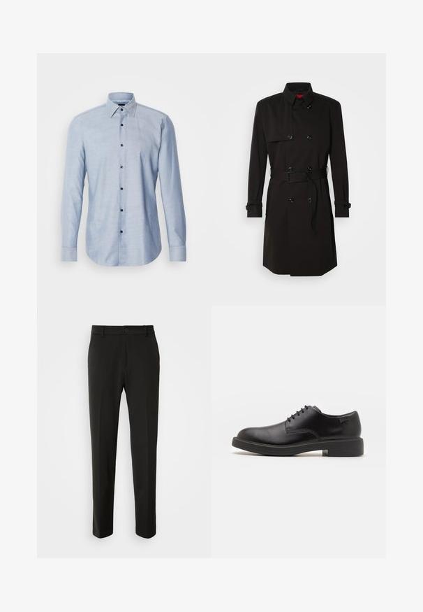 Fekete trench kabát, dupla gombos dizájnnal, nagy gombokkal, övvel ellátott derékkal és magas gallérral. Simább anyag, matt felülettel.; Világoskék, hosszú ujjú ing, amely texturált anyagból készült. Gombos gallérral és sötét gombokkal az elején.; Fekete nadrág sima szövetből, egyenes lábakkal, gombos záródással és klasszikus designnal, amely alkalmas formális vagy hétköznapi viseletre.; Fekete bőrcipő, kerek orrú, sima felületű, minimális varrással és alacsony gumitalppal. Logó a sarokrészen.