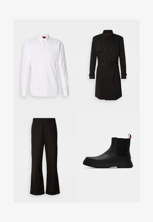 Palton negru cu un design cu dublu rând, butoane mari, talie cu curea și guler înalt. Material neted cu o finisare mată.; Cămașă albă cu mâneci lungi, cu nasturi, având un guler clasic, placheta frontală cu butoane și o textură netedă din bumbac.; Pantaloni negri cu talie elastică, cu o formă evazată, dintr-un material de bumbac neted. Prezintă un design simplu și deschideri drepte la picioare.; Botine negre până la gleznă, cu un finisaj neted, panouri laterale elastice și un tab de prindere roșu contrastant, având o talpă groasă din cauciuc și vârf rotunjit.