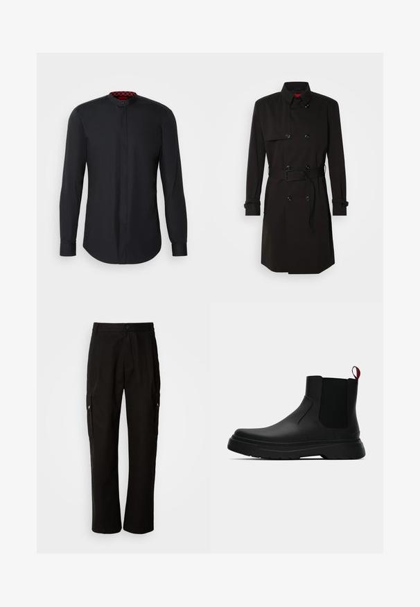 Fekete trench kabát, dupla gombos dizájnnal, nagy gombokkal, övvel ellátott derékkal és magas gallérral. Simább anyag, matt felülettel.; Fekete, hosszú ujjú ing mandarin gallérral, rejtett gombolással és piros mintás bélésgallérral. Sima szövettextúra.; Fekete vászont nadrág laza szabással, oldalsó zsebekkel, gombos záródással és egyenes lábakkal. Egyszerű minta nélküli design.; Fekete bokacipő sima felülettel, ruganyos oldalsó panelek és kontrasztos piros húzópánt jellemzi, vastag gumitalppal és lekerekített orral.