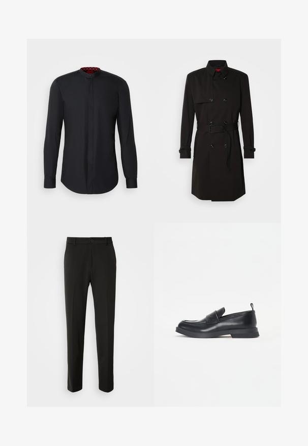 Černý trenčkot s dvouvrstvým designem, velkými knoflíky, páskem v pase a vysokým límcem. Hladká tkanina s matným povrchem.; Černá košile s dlouhými rukávy a mandarínkovým límcem, s skrytým zapínáním na knoflíky a červeným vzorem na vnitřní straně límce. Hladká textilie.; Černé kalhoty vyrobené z hladkého materiálu, s rovnými nohavicemi, zapínáním na knoflík a klasickým designem vhodným pro formální i neformální nošení.; Černé kožené mokasíny s kulatou špičkou, detailním páskem vpředu a nízkou gumovou podrážkou. Obsahují jemné prošívání a zadní poutko.