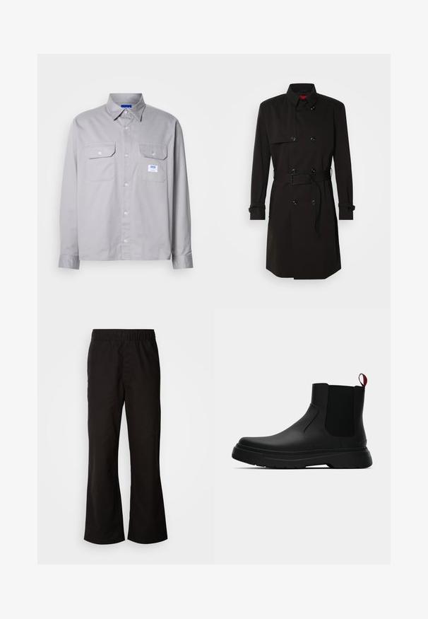 Črni plašč s dvojno zadrgo, velikimi gumbi, pasom in visokim ovratnikom. Gladek material z mat površino.; Siva dolga majica z dolgimi rokavi, narejena iz bombaža, z ovratnikom na gumb, dvema žepoma na prsih in majhno blagovno oznako na levem žepu.; Črne hlače z elastičnim pasom in razširjenim krojem, narejene iz gladkega bombažnega blaga. Imajo preprost dizajn in ravne odprtine za noge.; Črne gležnjarje z gladkim zaključkom, elastičnimi stranskimi paneli in kontrastnim rdečim izvlečnim trakom, ki vključujejo debel gumijast podplat in zaobljen nos.