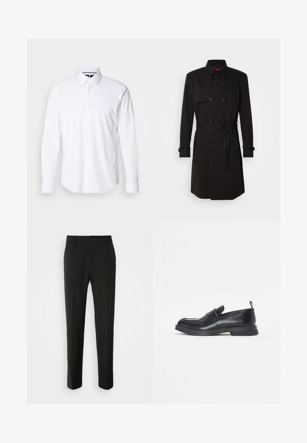 Mustade trench-takid, millel on kahekordselt nööbitud disain, suured nööbid, vööl olev rihm ja kõrge krae. Sile kangas matta viimistlusega.; Valge pika varrukaga särk, mis on valmistatud siledast kangast, tähistatud nupuga kaelus ja kuus esisüsteemi nuppu; mansetid on kohandatud korraliku viimistluse jaoks.; Mustad püksid siledast kangast, sirgete jalgadega, nupuvõtme sulgemisega ja klassikaline disain, sobiv nii ametlikeks kui ka igapäevasteks kandmiseks.; Mustad mustad kingad ümarate varvastega, esiosa rihmaga ja madala kummitaldiga. Hästi peene õmblusega ja taga on tõmblauad.