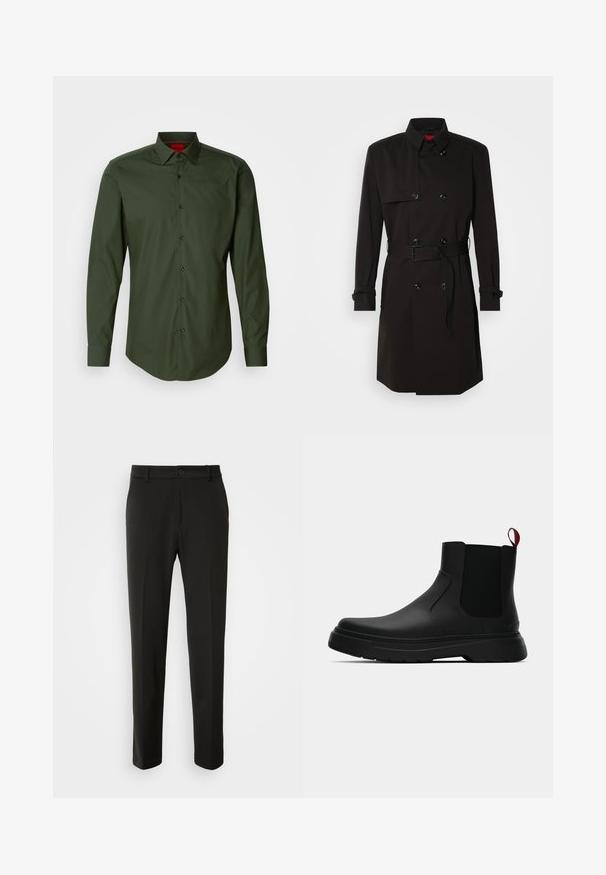 Čierny trenčkot s dvojradovým dizajnom, veľkými gombíkmi, opaskom v páse a vysokým golierom. Hladká tkanina s matným povrchom.; Tmavozelená dlhá košeľa s dlhými rukávmi vyrobená z hladkej bavlny, s klasickým golierom, čiernymi gombíkmi a zakriveným lemom. Červené logo značky na golieri.; Čierne nohavice vyrobené z hladkej tkaniny, s rovnými nohami, zapínaním na gombík a klasickým dizajnom vhodným pre formálne aj neformálne nosenie.; Čierne členkové topánky s hladkým povrchom, elastickými bočnými panelmi a kontrastným červeným poutkom, vybavené hrubou gumovou podrážkou a zaoblenou špičkou.